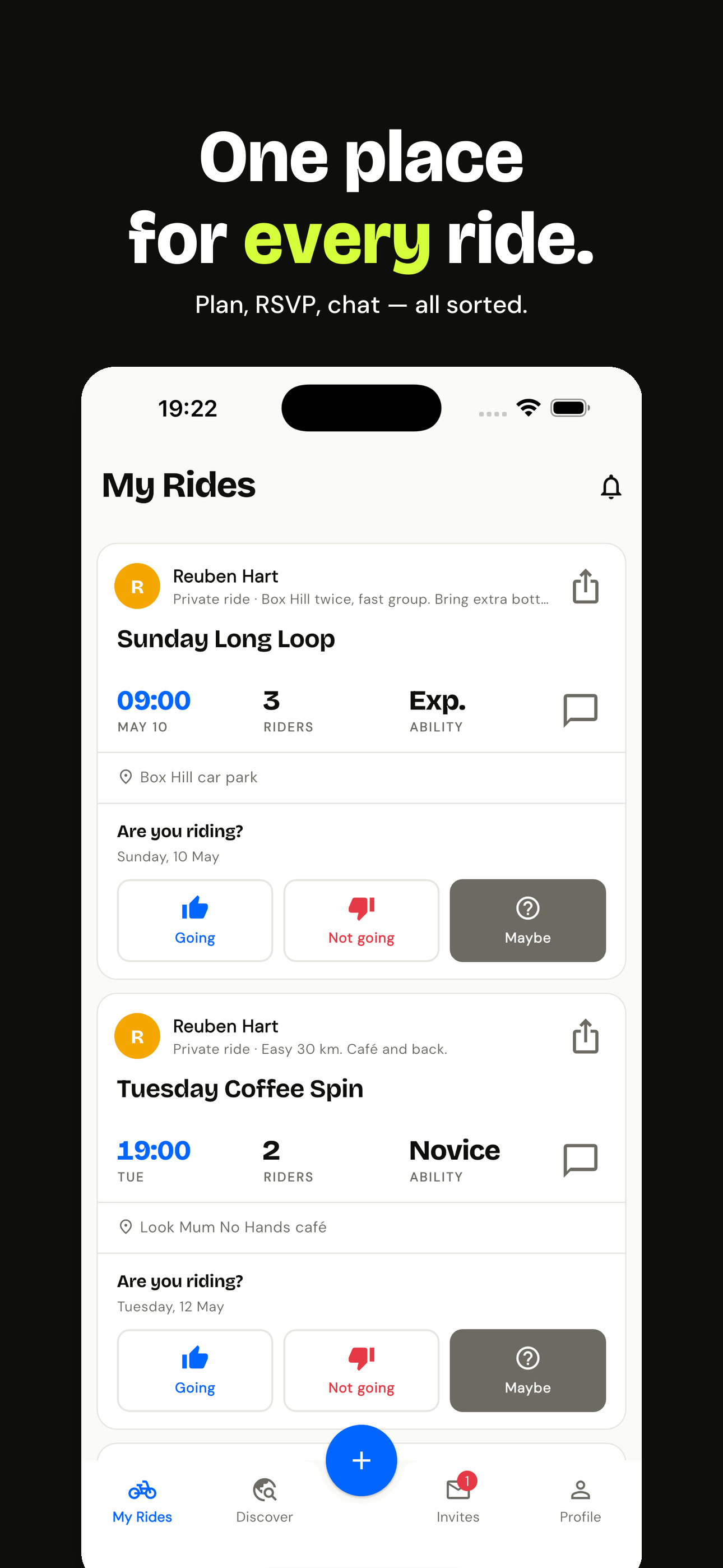 My Rides screen with three ride cards and a notification bell