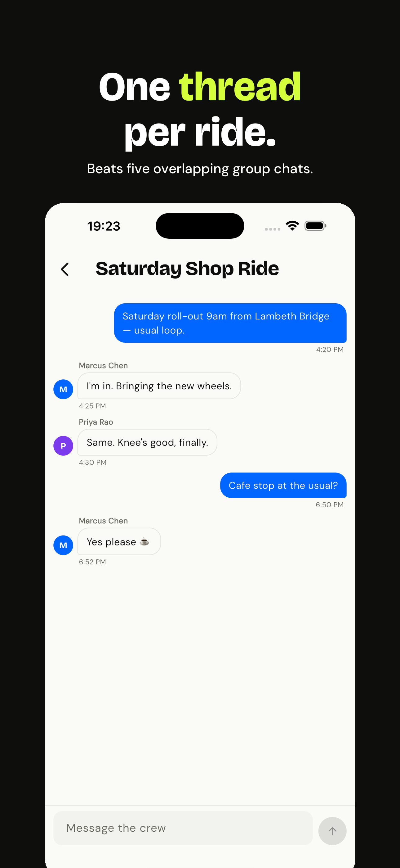 Per-ride group chat with messages from the crew