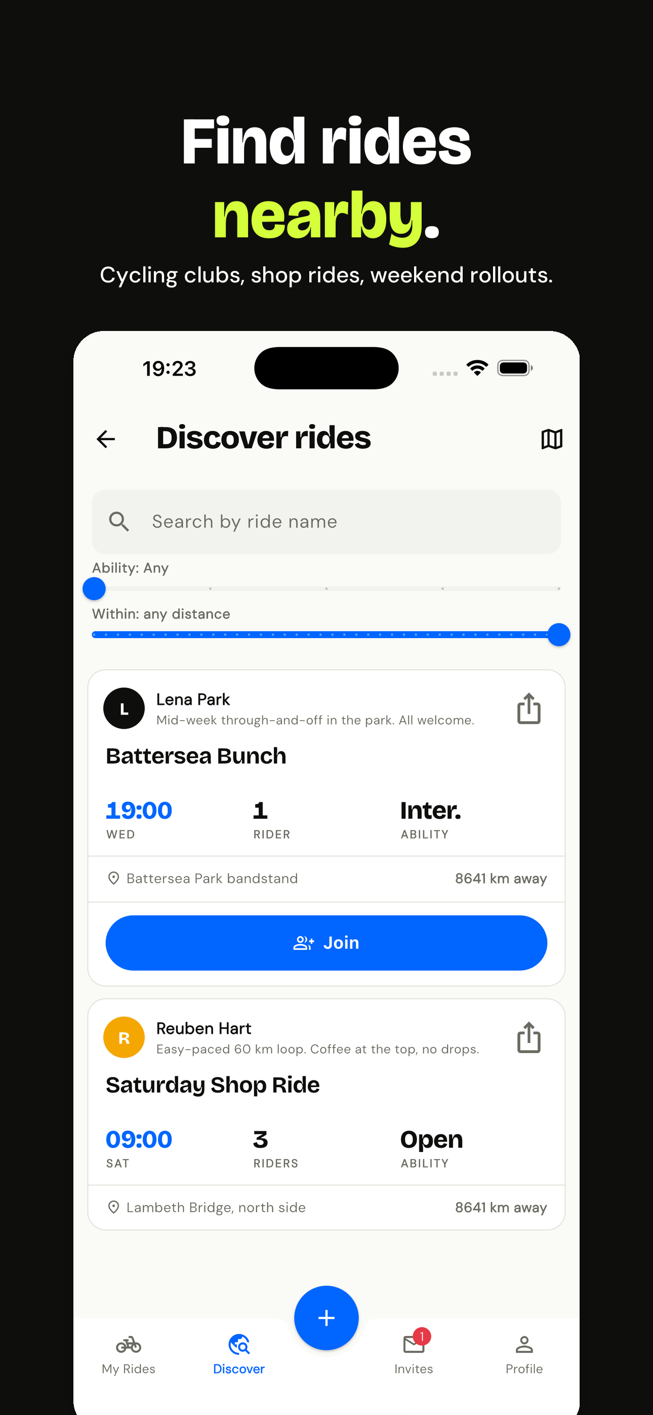Discover screen showing public rides