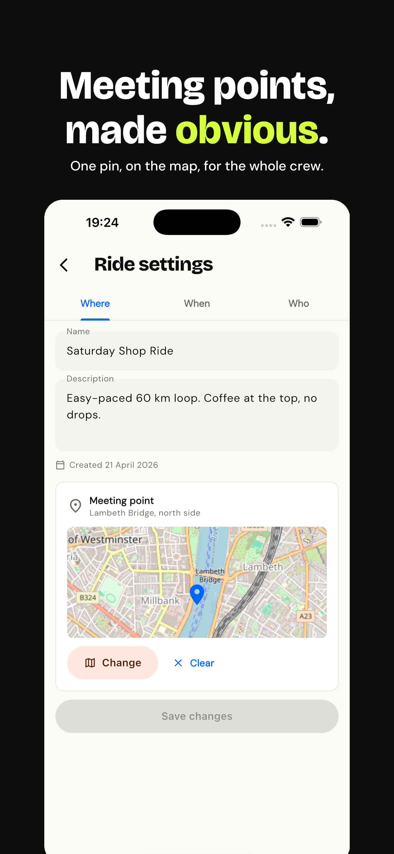 Ride settings — Where tab with meeting-point map